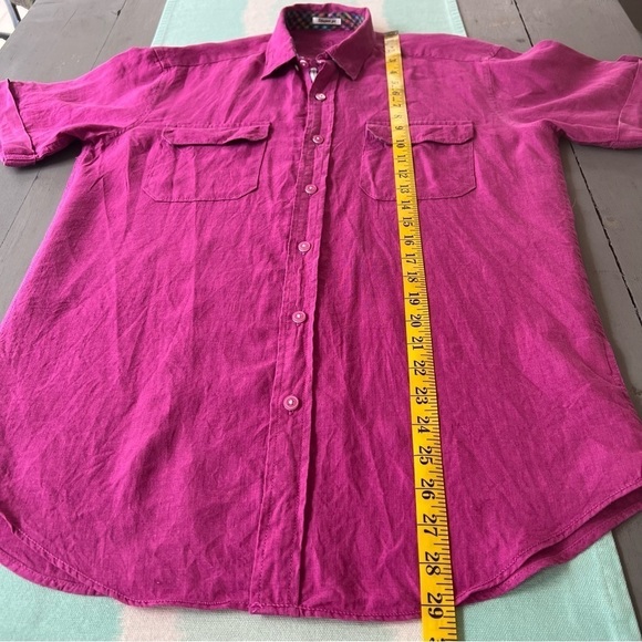 Bugatchi Men’s Shaped Fit Pink Linen Short Sleeve Button Down Shirt - Picture 9 of 9